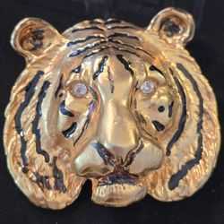 Vtg. Large Tiger Head Brooch Goldtone Statement With Rhinestone Eyes  Brushed Finish Rare Find!