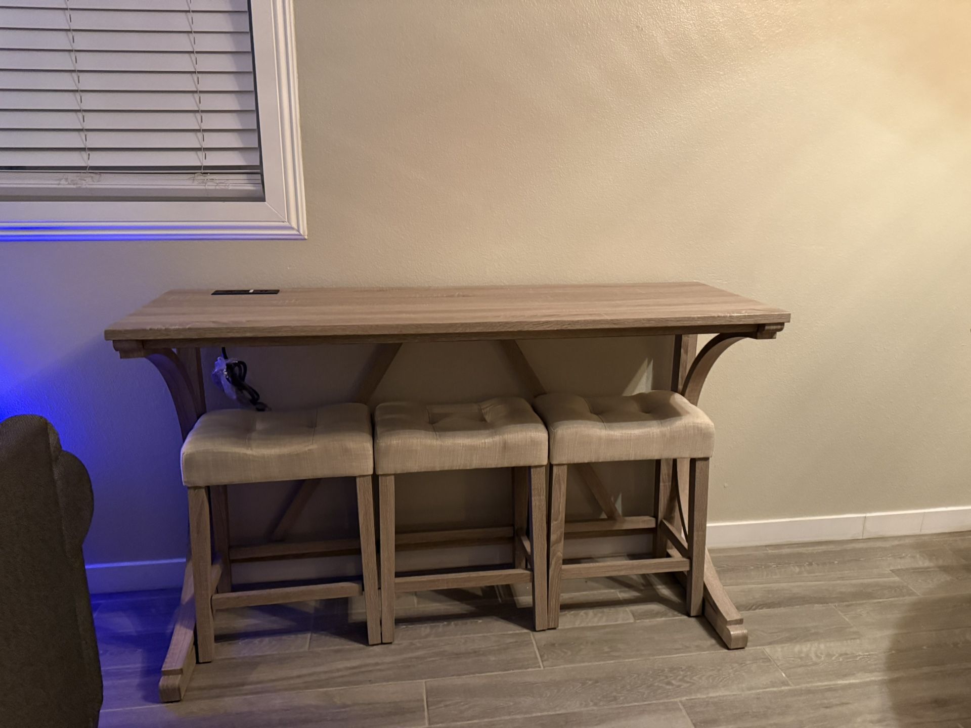 Small Dining Table Set - 4-Piece Bar Table and Chairs Set with Power Outlet, Upholstered Saddle Seat Stools, Counter Height Dining Table Set,