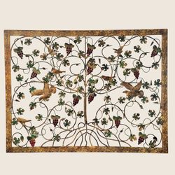 Vintage MCM Hand-Painted Metal Wall Art Grape Tree of Life W/Birds 42" x 32"