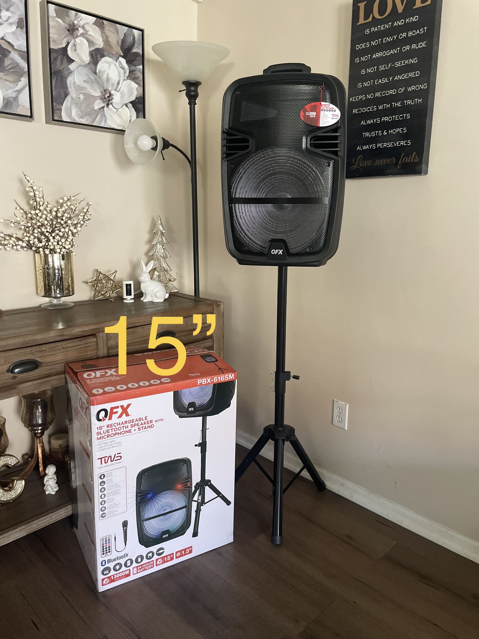 QFX 15" RECHARGEABLE BLUETOOTH SPEAKER WITH MICROPHONE + STAND LED Party Lights🔊🔊🎶🎶🎤