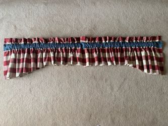 CUSTOM RED/IVORY GINGHAM VALANCE,3 IN BLUE ROD POCKET, 145W x 16.5L, COTTON, COTTAGE