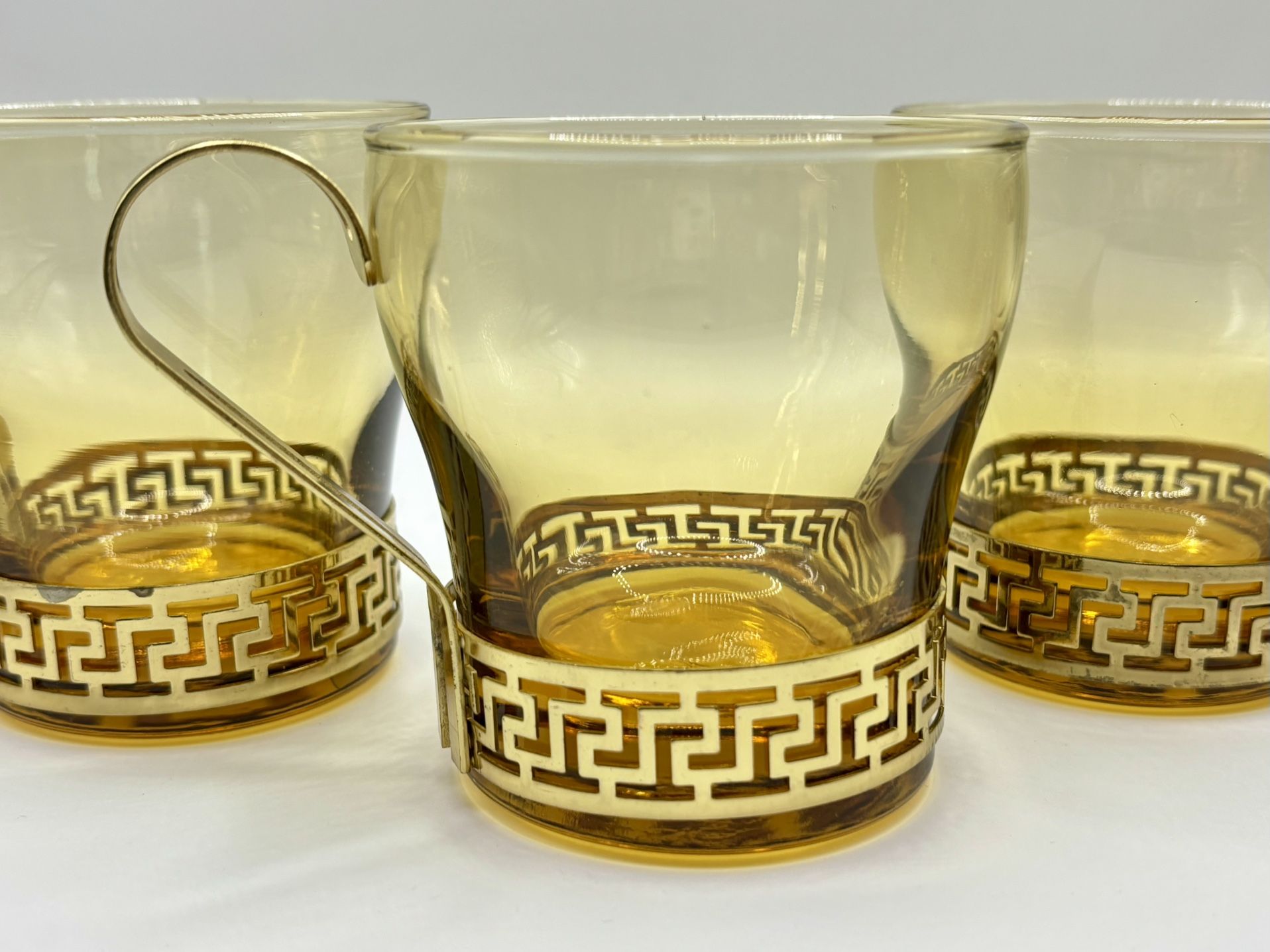 Set of 10 Vintage Libbey Amber Glasses with Greek Key Brass Handle