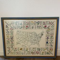 1970’s Paragon Embroidery US Map with State Flowers
