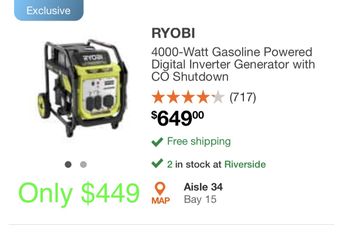 NEW!!! Ryobi 4000 Watt Generator $449