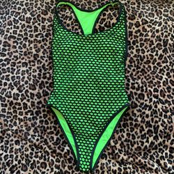 Green & Black Fishnet One Piece Swimsuit 