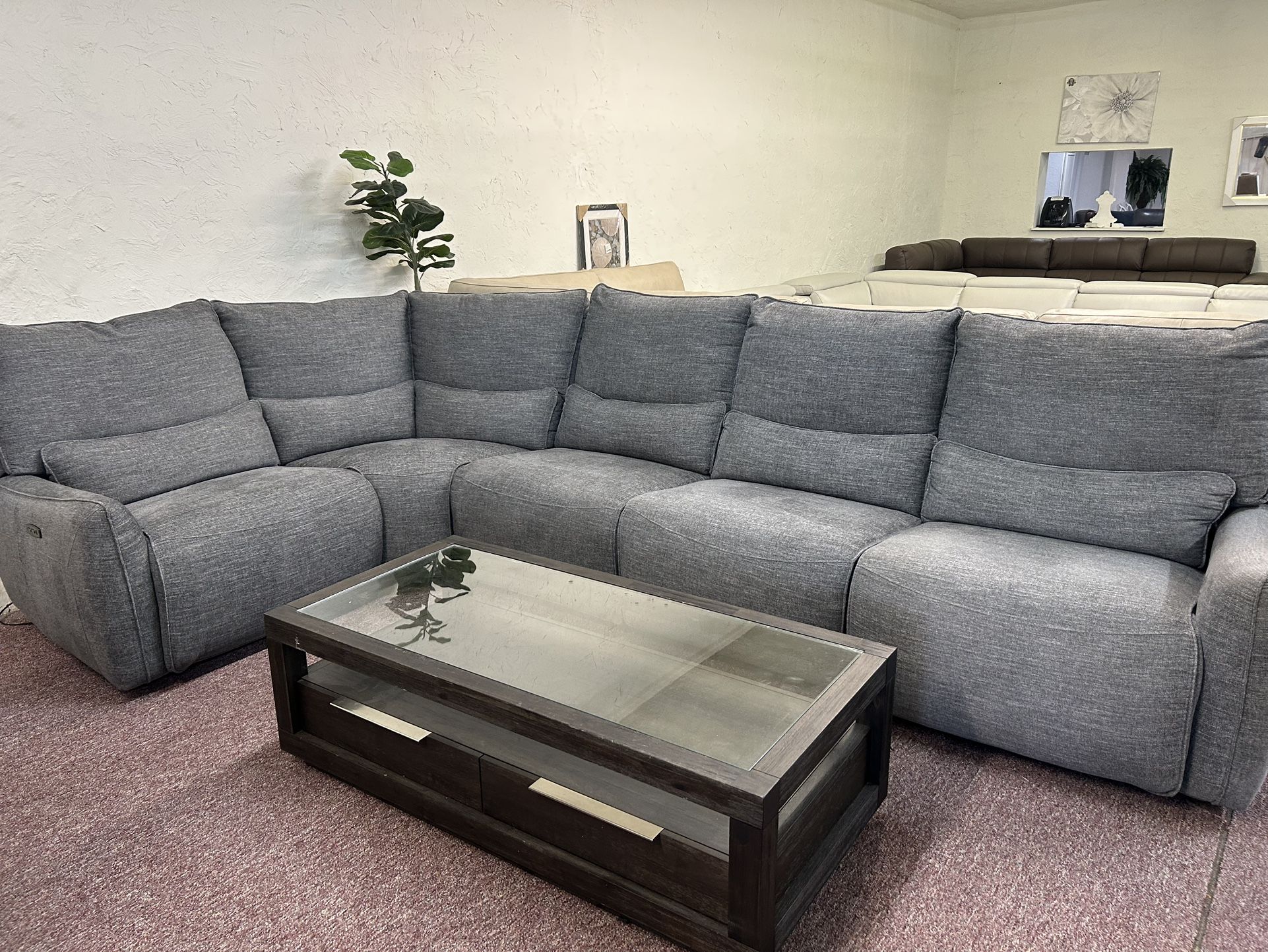 Furniture- 5 Pc Zero Wall Fabric Sectional With 3 Power Recliners- Olper