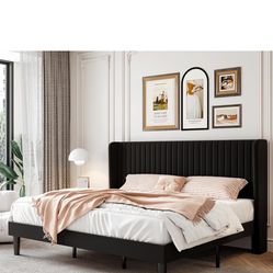  King Size Velvet Bed Frame with Vertical Channel Tufted Wingback Headboard, Upholstered Platform Bed with Wood Slats, No Box Spring Needed, Easy Asse