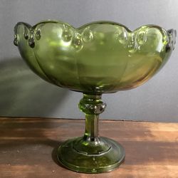 VINTAGE INDIANA GLASS AVOCADO GREEN TEARDROP PEDESTAL-COMPOTE BOWL