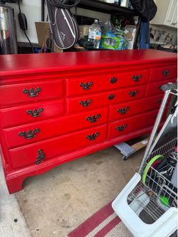 Solid Wood Red Dresser – 9 Drawers – Refinished – Good Condition