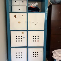 Ikea KALLAX Blue Shelf unit and White organizer cabinets, 30 1/8” wide  x 57 5/8 " tall