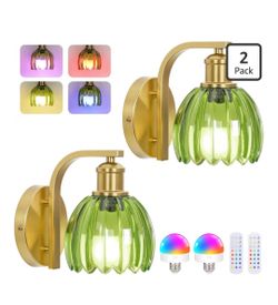 Vintage Battery Operated Wall Sconce, Wireless Wall Lights with Bulbs
15 Colors Rechargeable Gold Wall Lamp Set of 2 with Green Tulip Glass Lampshade