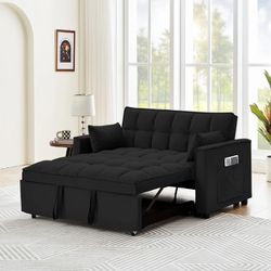 Zechuan Convertible Sofa Bed with Pull Out Bed - 55" Tufted Velvet Loveseat Sleeper Sofa - Black