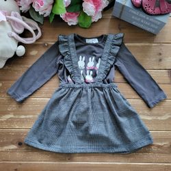 18-24MOS 2-PIECE OUTFIT SLATE GRAY MIFFY BUNNY LIGHTWEIGHT LONG-SLEEVE W/PLAID SKIRT COVERALL