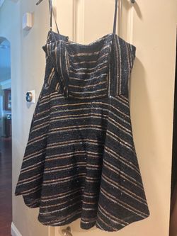 Dark Navy Blue Gold Striped Sequin Mini Dress