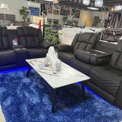 Black 2 Pc Reclining Sofa And Love With Led Lights On Sale For $1599