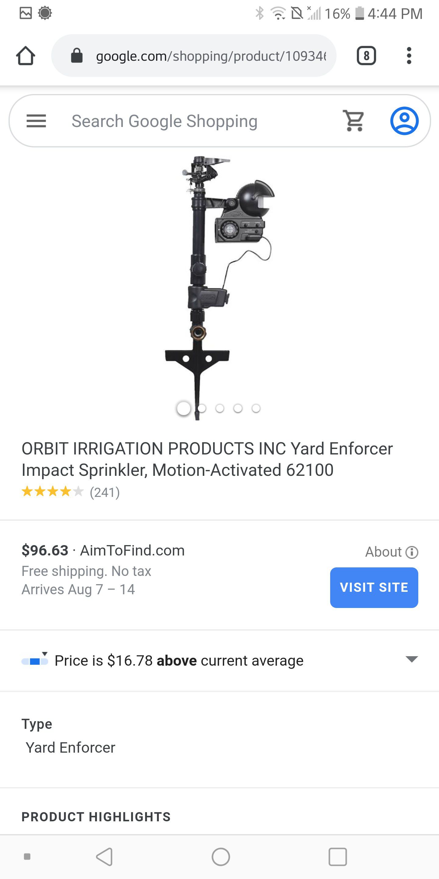 ORBIT IRRIGATION PRODUCTS INC Yard Enforcer Impact Sprinkler, Motion-Activated 62100