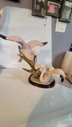 Large Porcelain Statue Of Two Pink Cranes In The Marsh 13.75" Tall 17" Wide Excellent Vintage Condition The large porcelain statue of two pink cranes 