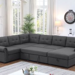 Extended 114" Pull Out Sleeper Sofa Bed Sectional Couch With Storage Chaise