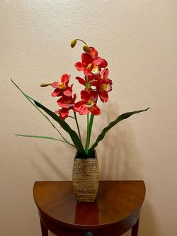 Artificial Red Orchid Arrangement in Woven Vase