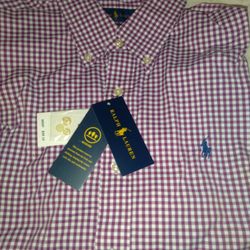 Mens Ralph Lauren Medium Dress Shirt. Maroon And White Checkered.