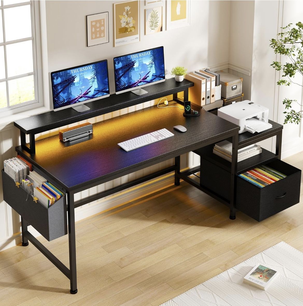 Modern Black Reversible Computer Desk with Storage and Power Outlets - New Fully Assembled