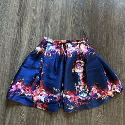 Navy Floral Pleated Satin Skirt – Size S