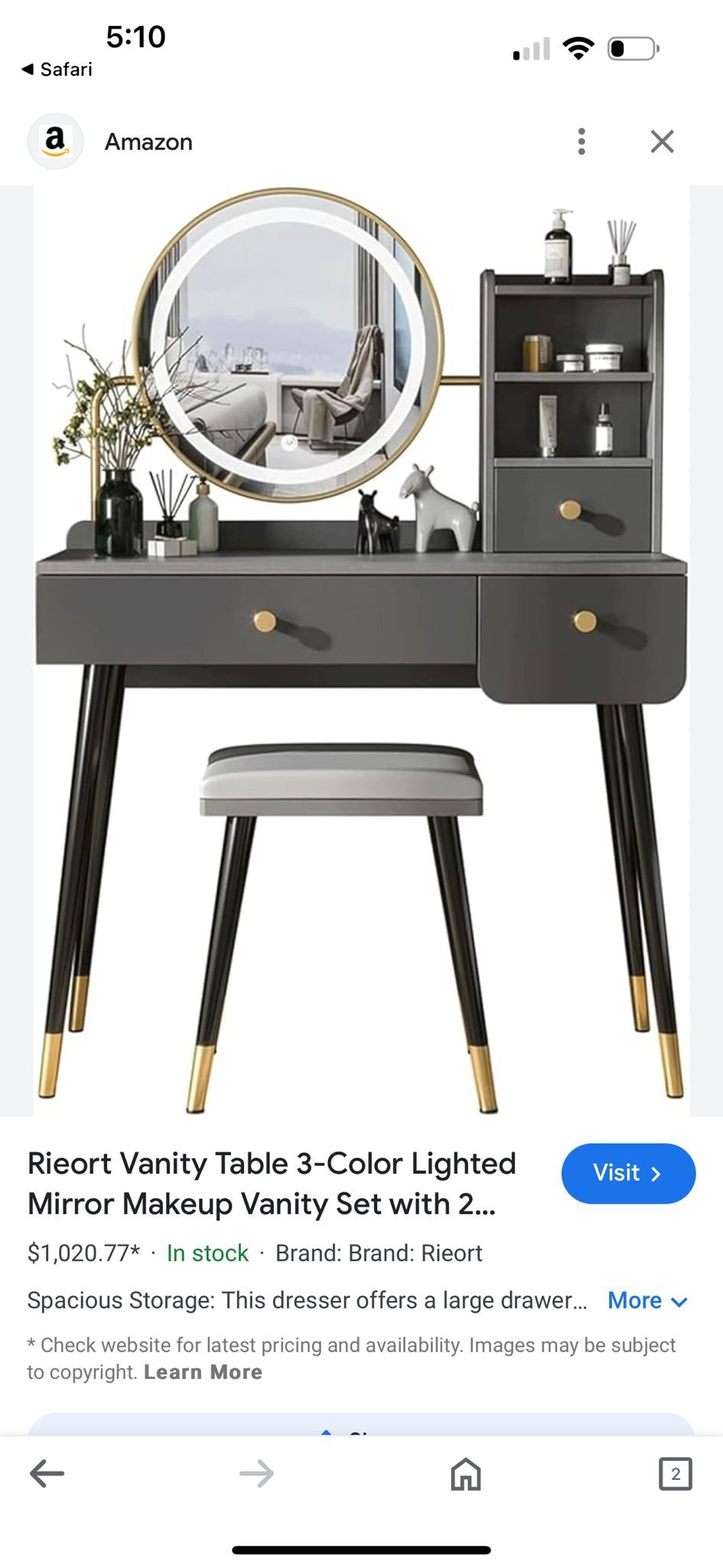 Vanity Table 3 Color Lighted Mirror Makeup Vanity Set with 2 Drawers Dressing Table Cushioned Stool Nightstand Vanity Desk