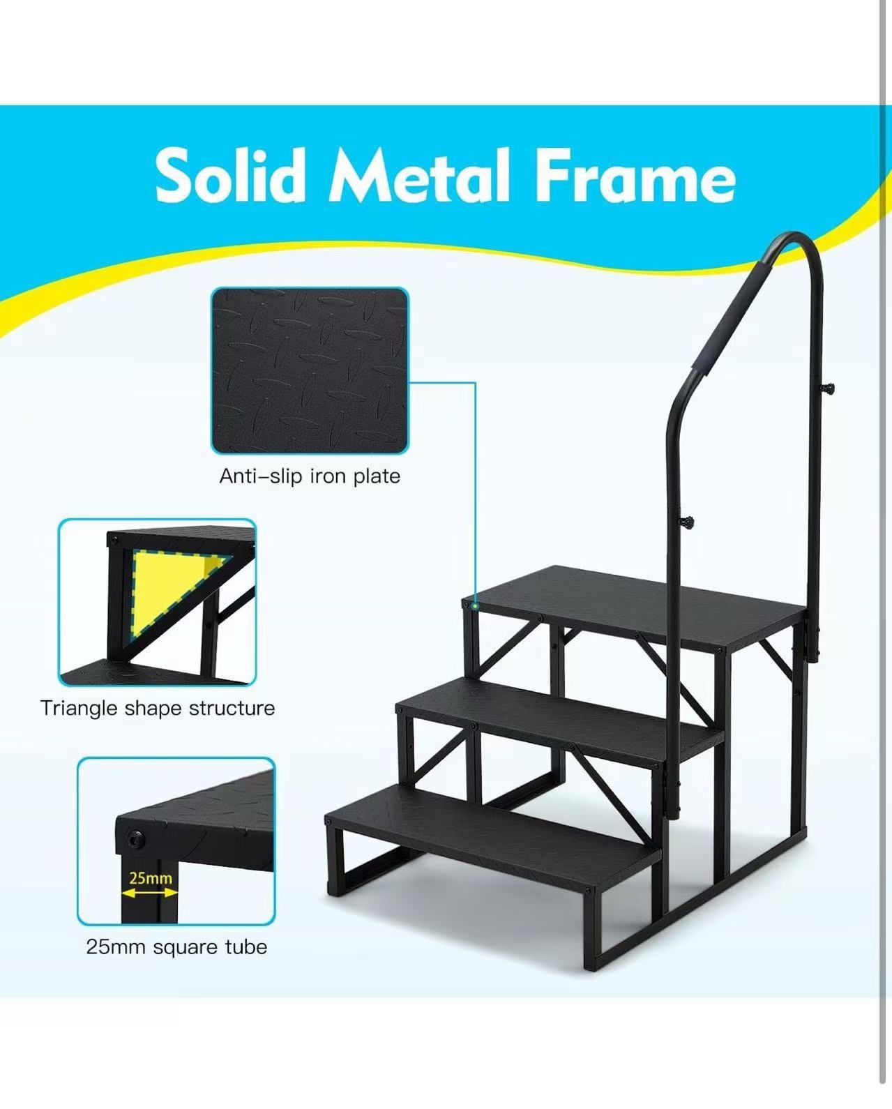3-Step RV Steps with Handrail, 660 LBS Metal RV Stairs with Armrest Cover, Anti-Slip Hot Tub Steps, Mobile Home Steps for Travel Trailers, Hot Tub, Ca