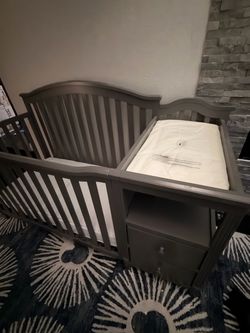 Grey Crib with Changing Station & Drawers, Includes New Mattress