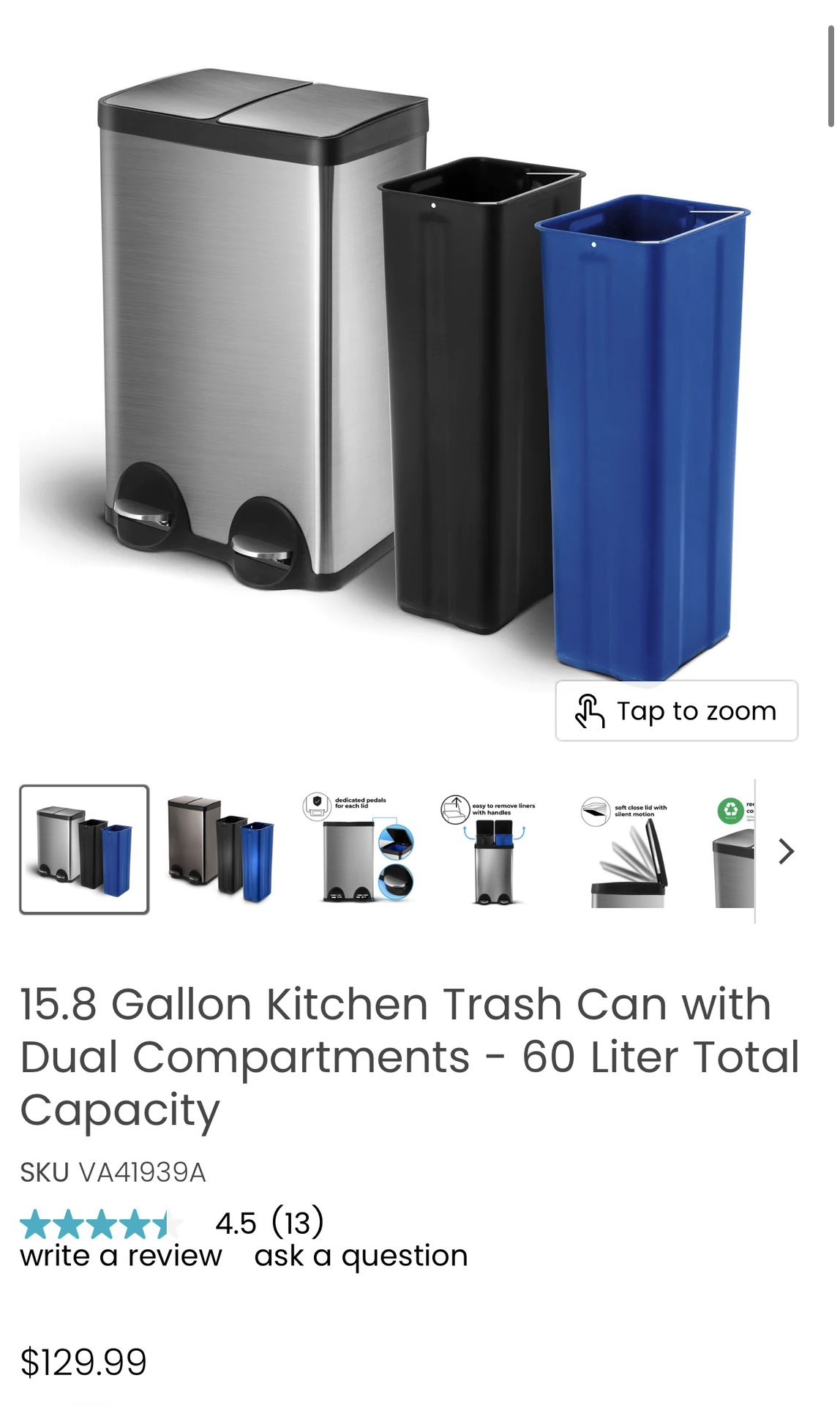 60 Liter Kitchen Trash Can with Dual Compartments - 60 Liter Total Capacity