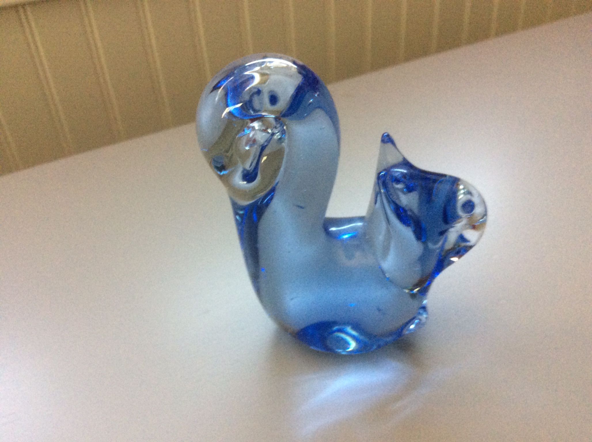 Collectable  Art Blown Glass Figurines,  1960 70’s.   Paperweights 2 , Birds, 1 Blue Squirrel , 1 Purple/ White Stripped  Fish .