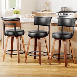 New Swivel Counter Height Bar Stools Set of 3, 26" Upholstered Bonded Leather Barstools with Back, Mid Century Modern Bar Chairs with Bent Wood Legs &