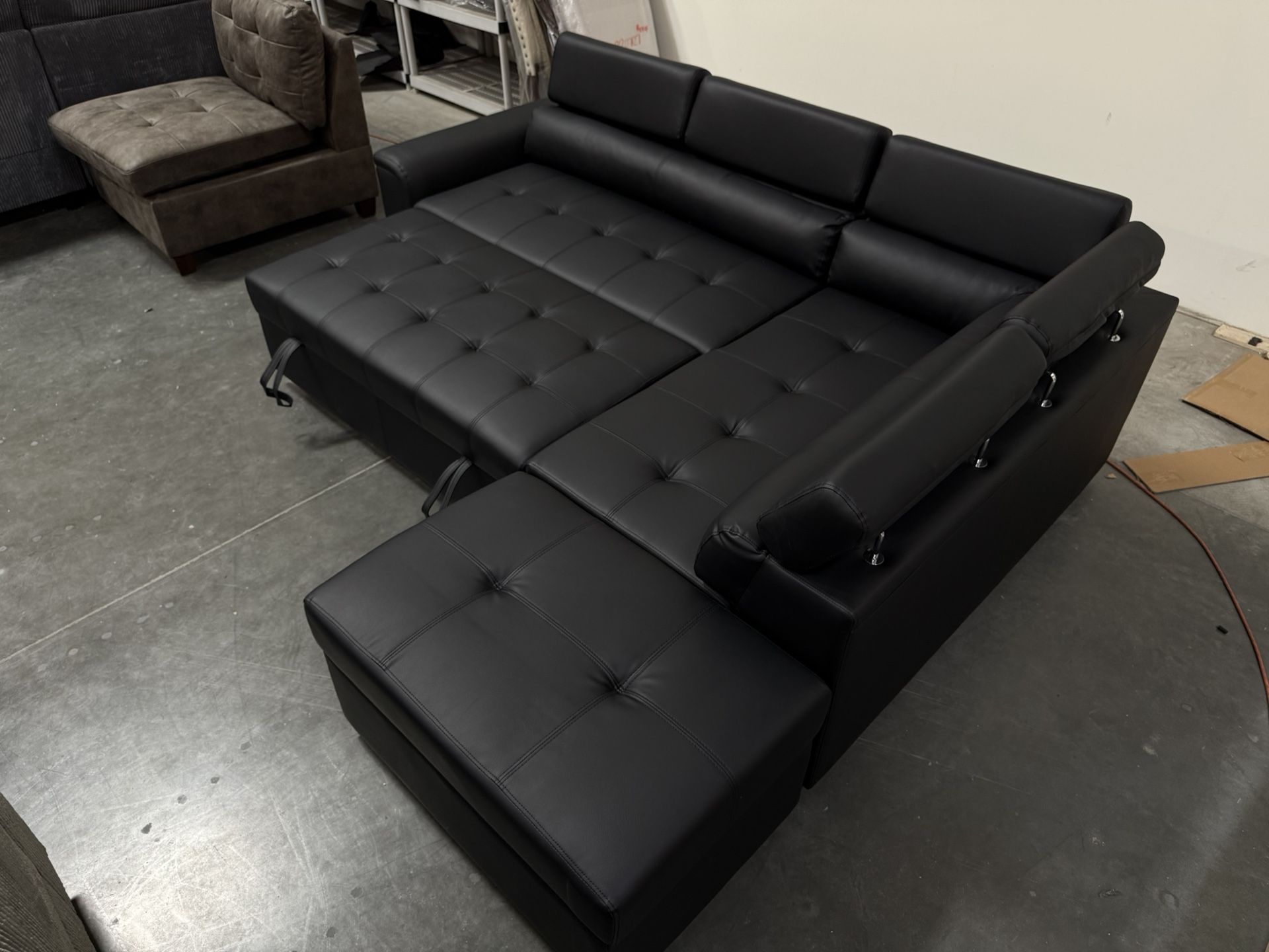 New! Contemporary Black Sectional, Black Faux Leather Sofa, L-Shaped Sofa With Pull-out Bed, Sofabed, Sectional Sofa Bed, Black Couch, Leatherette Sof