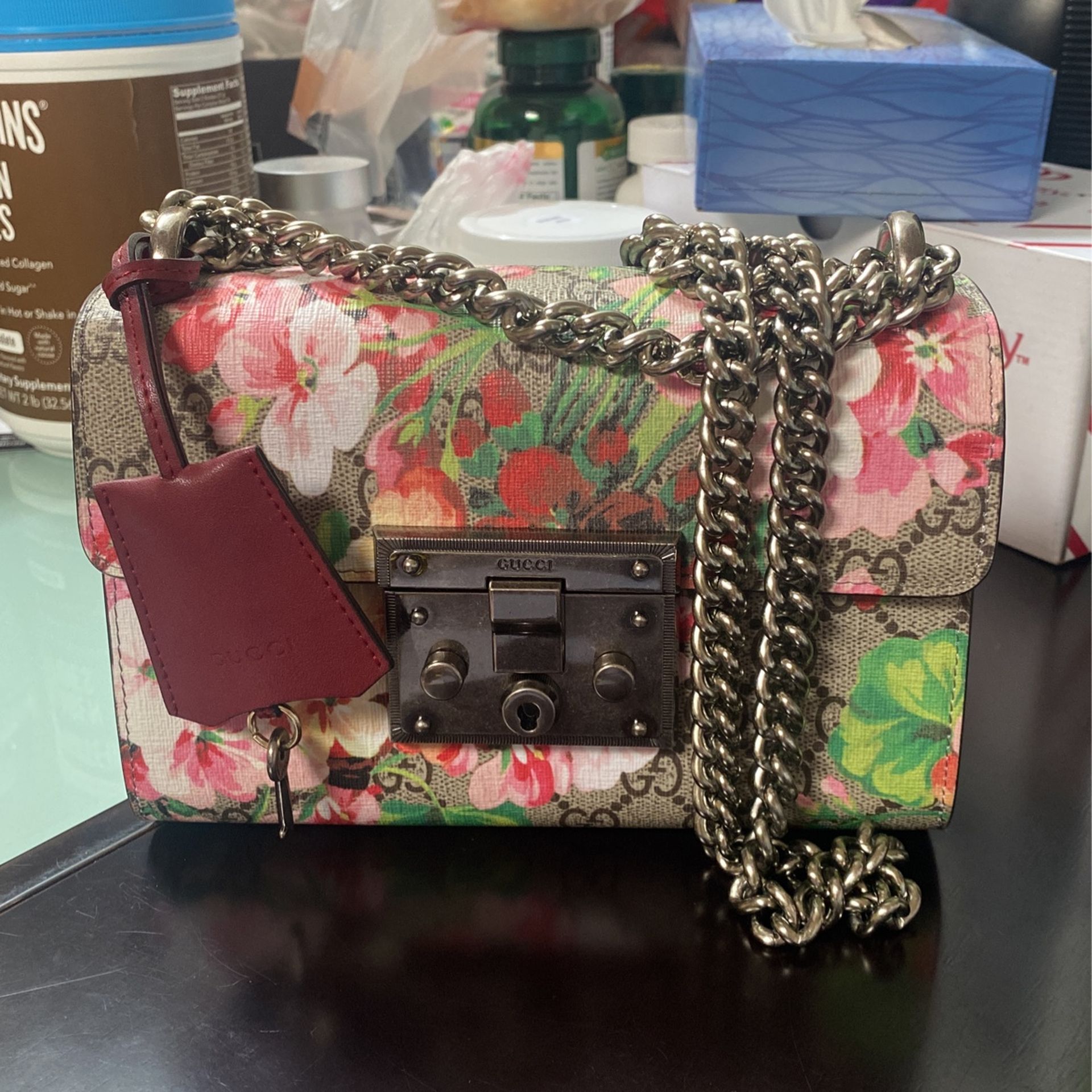 Red Gucci Dionysus Blooms Padlock Crossbody Bag GG Coated Canvas Small