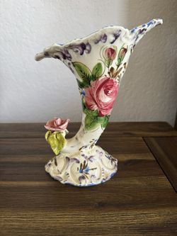 Vintage Floral Roses Cornucopia Vase Italian Pottery
