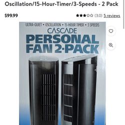 Cascade Personal Fan Ultra-Quiet/ Oscillation/15-Hour-Timer/3-Speeds - 2 Pack