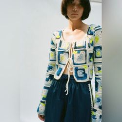 Sea New York Hayden Crochet Wool Granny Knit Square Tie Cropped Cardigan