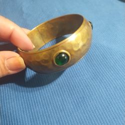 Vintage Brass Bangle With Green Cabochon Glass