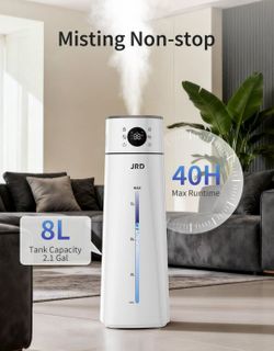 JRD Humidifier Large Room 8L/ 2.1Gal, Ultrasonic Cool Mist for Bedroom, Quiet Humidifier with Remote Control, 10 Mist Modes, 24H Timer, Night Light, A