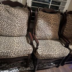 Leopard Cushioned Wood And Wicker Chairs 