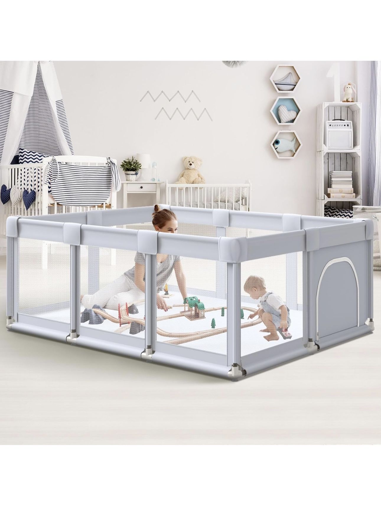 Baby Playpen 74"x50" Play Pens for Babies and Toddlers, Large Play Yards for Indoor & Outdoor with Zipper Gates, Breathable Mesh with Anti-Slip Base