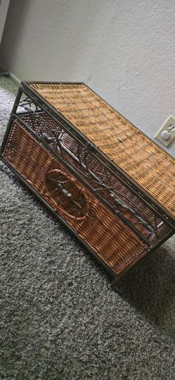 vintage wicker and wrought iron trunk or magazine chest