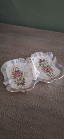 Floral porcelain two section serving dish with center handle