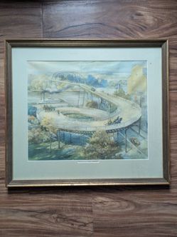 Framed Watercolor Print of Historic Bridge Scene