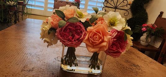 Faux Floral Arrangement in Glass Vase