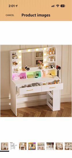 COMHOMA Vanity Desk with Mirror and Light, Small Makeup Vanity with Storage Drawers & Power Outlet, 3 Lighting Modes & Adjustable Brightness, Dressing