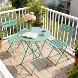 Patio 3 Piece Folding Patio Bistro Set for Outdoor, Mint Green Steel Frame, Fold