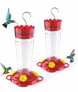 Humming bird Feeders for Outdoors, 2 Pack 14 OZ Plastic Humming Bird Feeder with Ant Moat & Bee Guard, 4 Feeding Ports and Perches, Leak-Proof Hanggin