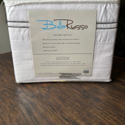 Brand new Queen set of Bella Russo Microfiber Sheet Set white with gray stripe