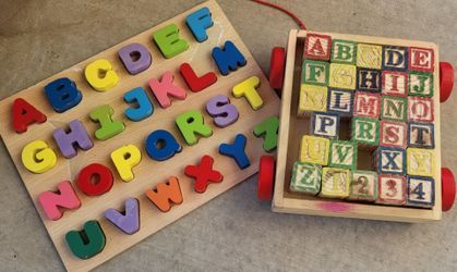 Wooden ABC Alphabet Puzzle + 30PCS Wooden Alphabet Blocks Wagon | Montessori Learning Toys